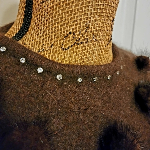 Vintage HF Genuine Fur Detailed Beaded Sweater Brown Soft Unique Balloon Sleeves - Picture 3 of 10
